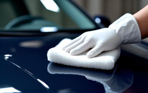 Applicator applying ceramic coating to a car hood.